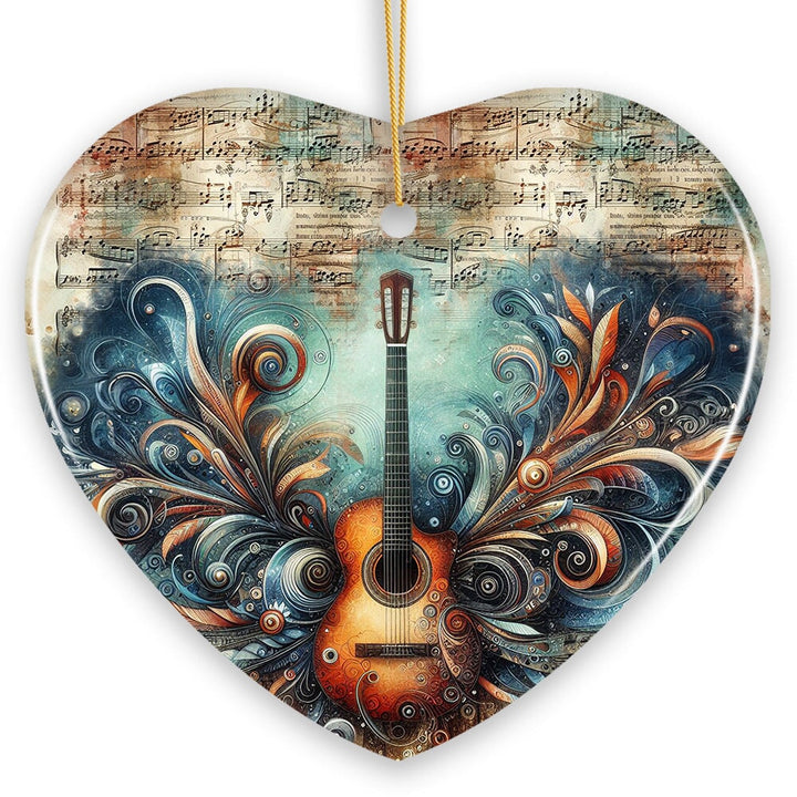 Elegantly Artistic Guitar and Music Sheet Ornament, Guitarist Musician Christmas Gift Ceramic Ornament OrnamentallyYou 