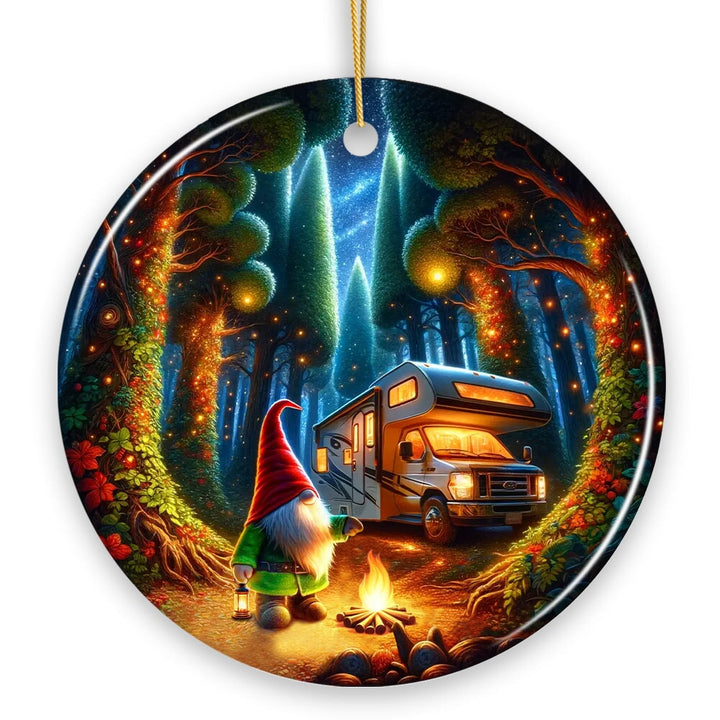 Enchanted Camper Gnome Forest Haven Ornament, Magical Twilight Christmas Ornament Ceramic Ornament OrnamentallyYou 