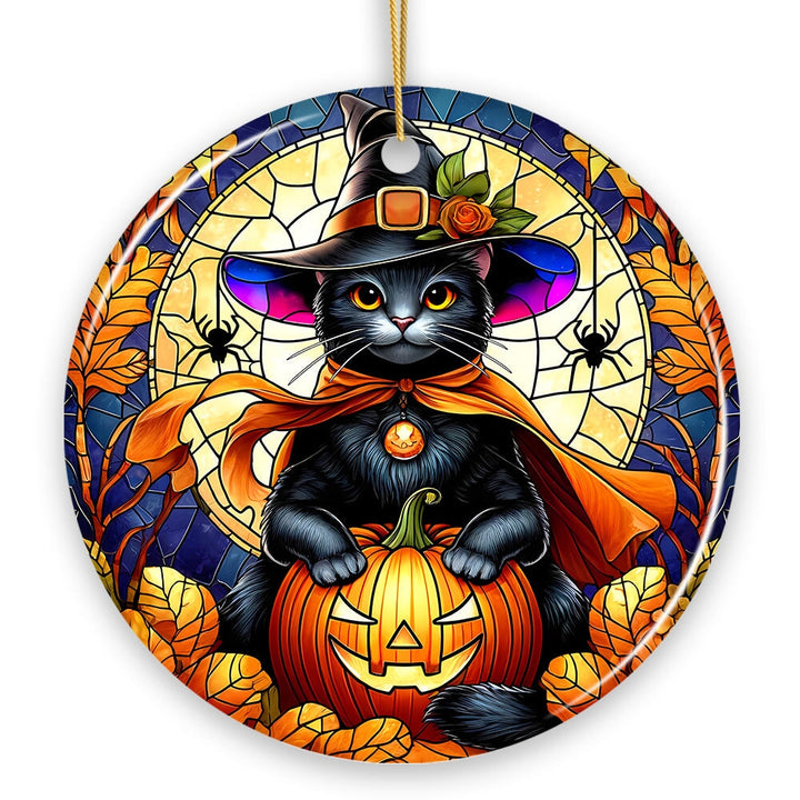 Enchanted Cat Witch Stained Glass Style Ceramic Ornament, Halloween Themed Christmas Gift and Decor Ceramic Ornament OrnamentallyYou 