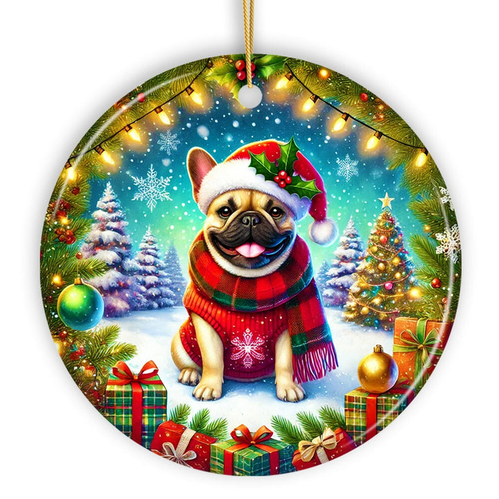 Frosty French Bulldog Ornament, Charming Pup Decoration for Magical Christmas Ceramic Ornament OrnamentallyYou Circle 