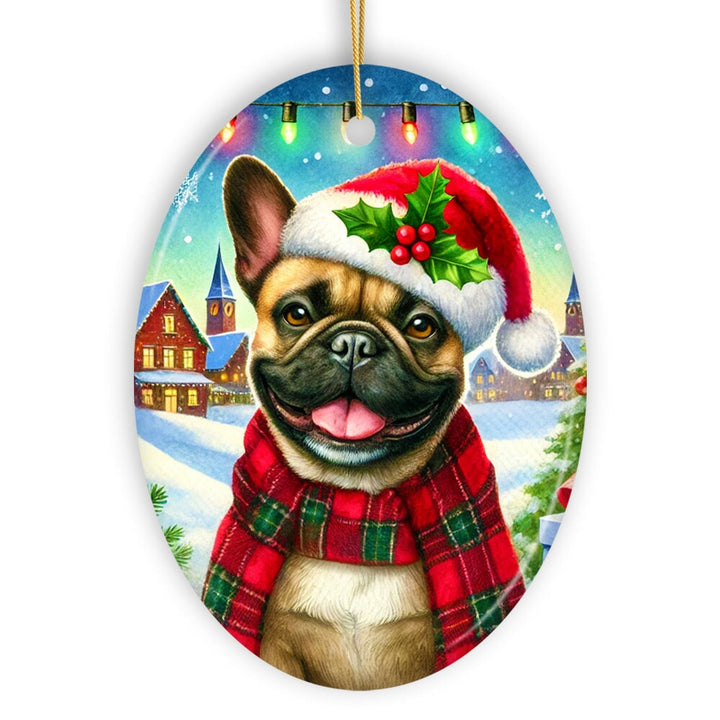 Frosty French Bulldog Ornament, Charming Pup Decoration for Magical Christmas Ceramic Ornament OrnamentallyYou Oval 