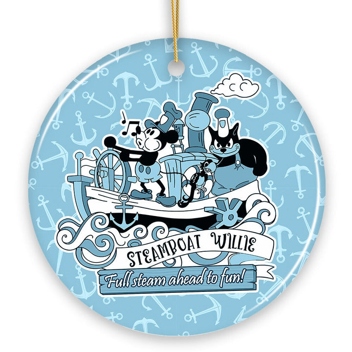 Full Steam Ahead to Fun Quote Ornament, Nostalgic Steamboat Willie Christmas Gift Ceramic Ornament OrnamentallyYou 