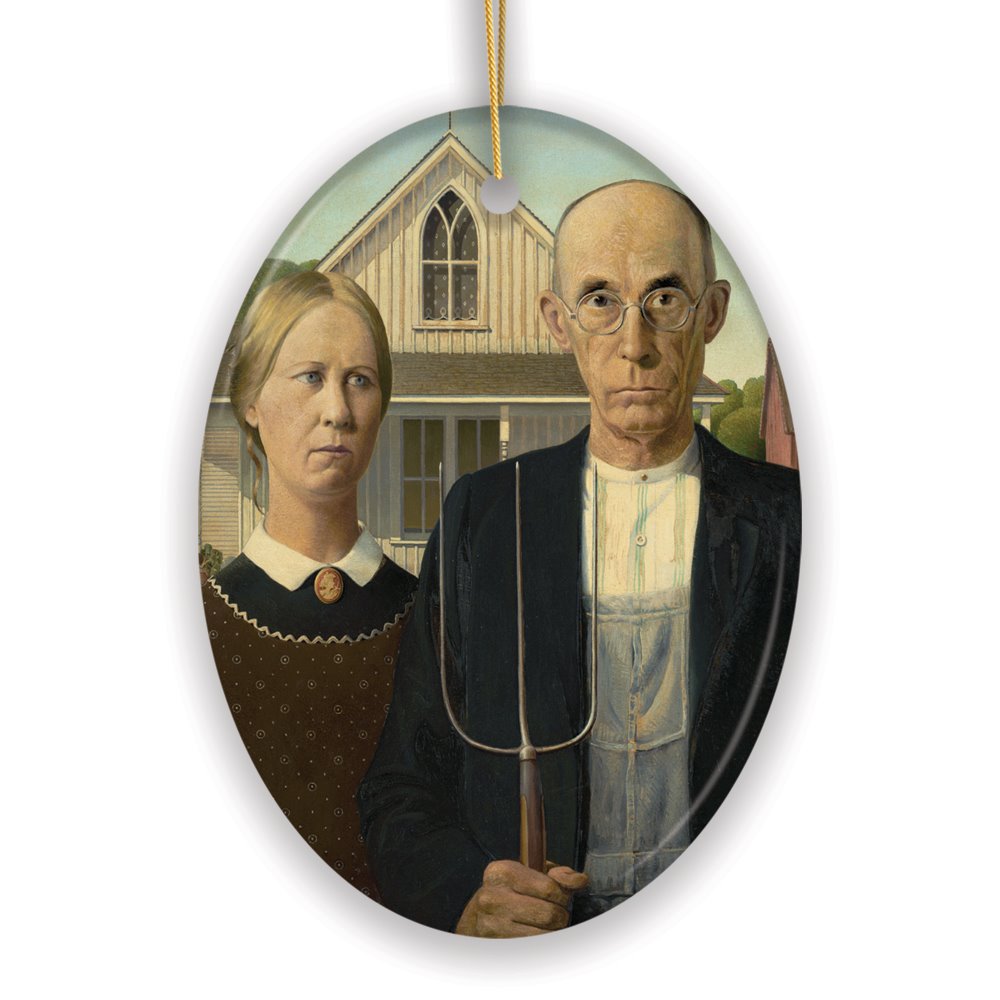 Grant Wood American Gothic Art Ceramic Ornament, Famous Painting Christmas Decoration Souvenir Ceramic Ornament OrnamentallyYou 