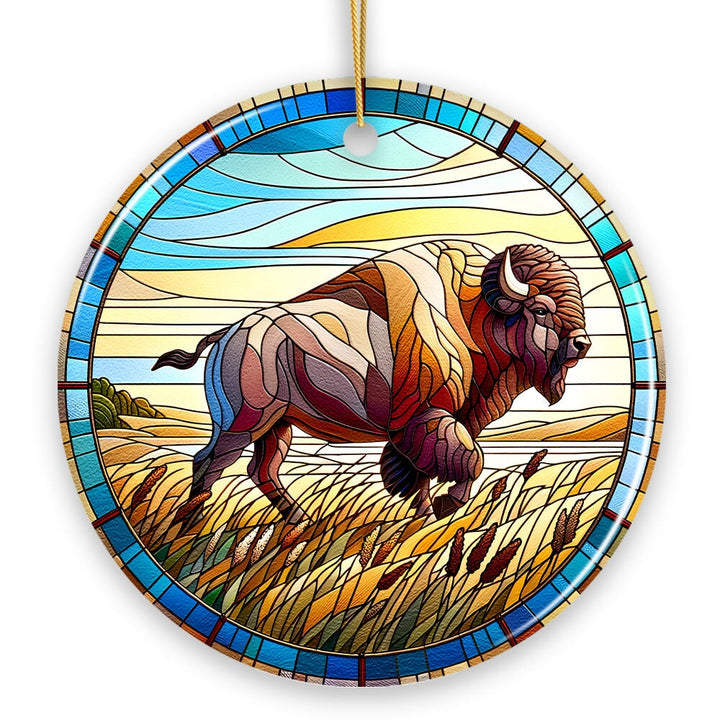 Great Plains Bison Stained Glass Themed Ceramic Ornament, Nature of the American Wild West Ceramic Ornament OrnamentallyYou 