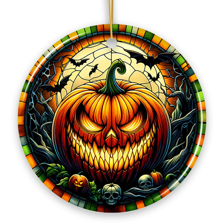 Grim Grinning Gourd Pumpkin Decor Stained Glass Style Ceramic Ornament, Halloween Themed Christmas Gift Ceramic Ornament OrnamentallyYou 