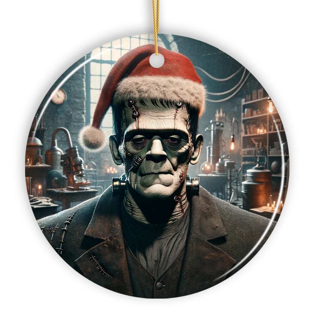 Grotesque Frankenstein with Santa Hat Ornament, Spooky Holiday Gift for Horror Fans Ceramic Ornament OrnamentallyYou 