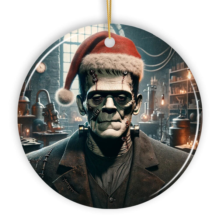 Grotesque Frankenstein with Santa Hat Ornament, Spooky Holiday Gift for Horror Fans Ceramic Ornament OrnamentallyYou 