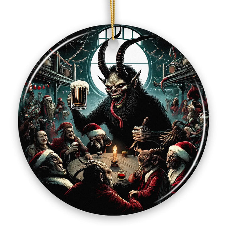 Krampus’s Unholy Revelry Ornament, Dark Folklore Celebration and Spooky Decor Ceramic Ornament OrnamentallyYou Circle 