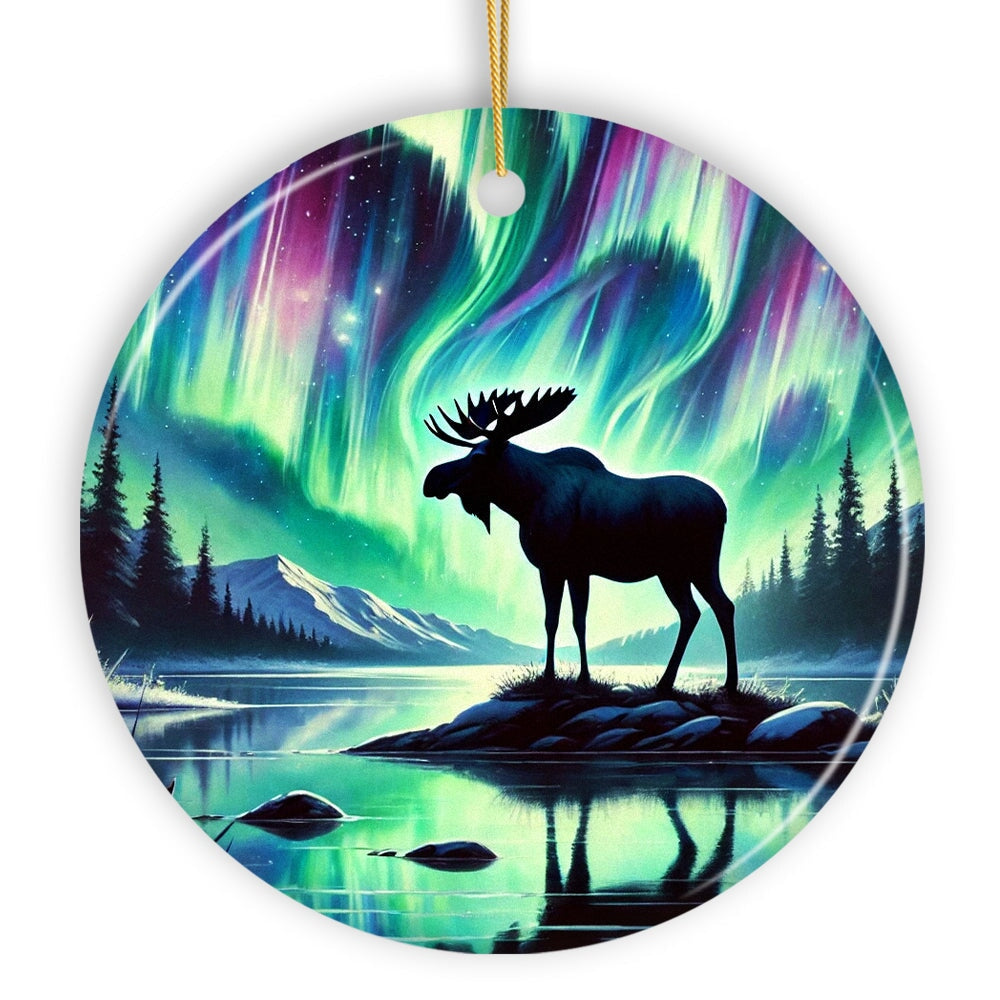Majestic Moose Under Northern Lights Ornament, Gift for Enchanted Christmas Ceramic Ornament OrnamentallyYou 