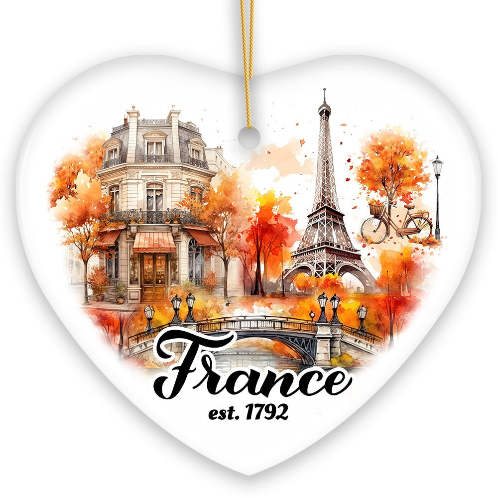Majestic Vintage Fall Themed France Christmas Ornament, French Souvenir with Watercolor Eiffel Tower Painting Ceramic Ornament OrnamentallyYou 