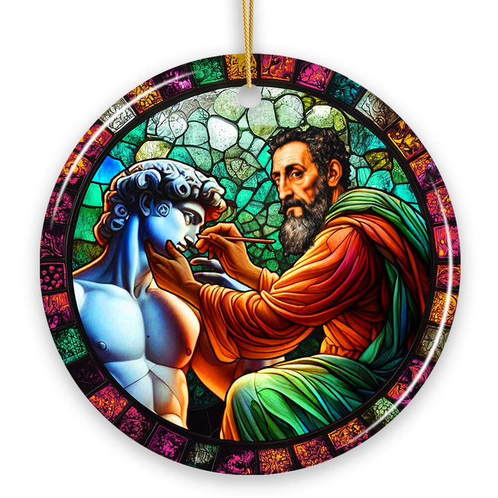 Michelangelo Sculpting David in Stained Glass Themed Christmas Ornament, Renaissance Italy Gift and Decor Ceramic Ornament OrnamentallyYou 