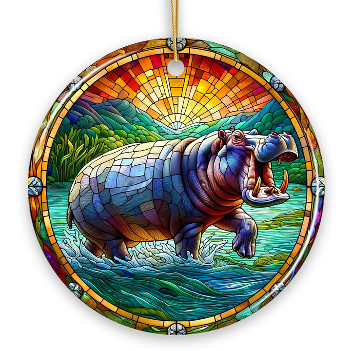 Mighty Hippopotamus Stained Glass Style Ceramic Ornament, African Animals Christmas Gift and Decor Ceramic Ornament OrnamentallyYou 