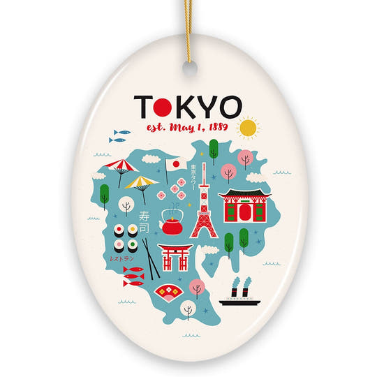Minimalistic Elegant Tokyo Cultural Ornament, Vintage Japanese Landmarks Gift Ceramic Ornament OrnamentallyYou 