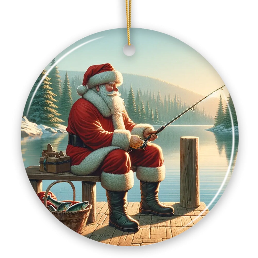 Peaceful Fishing Session with Santa Claus Christmas Ornament, Gift for Anglers Ceramic Ornament OrnamentallyYou 