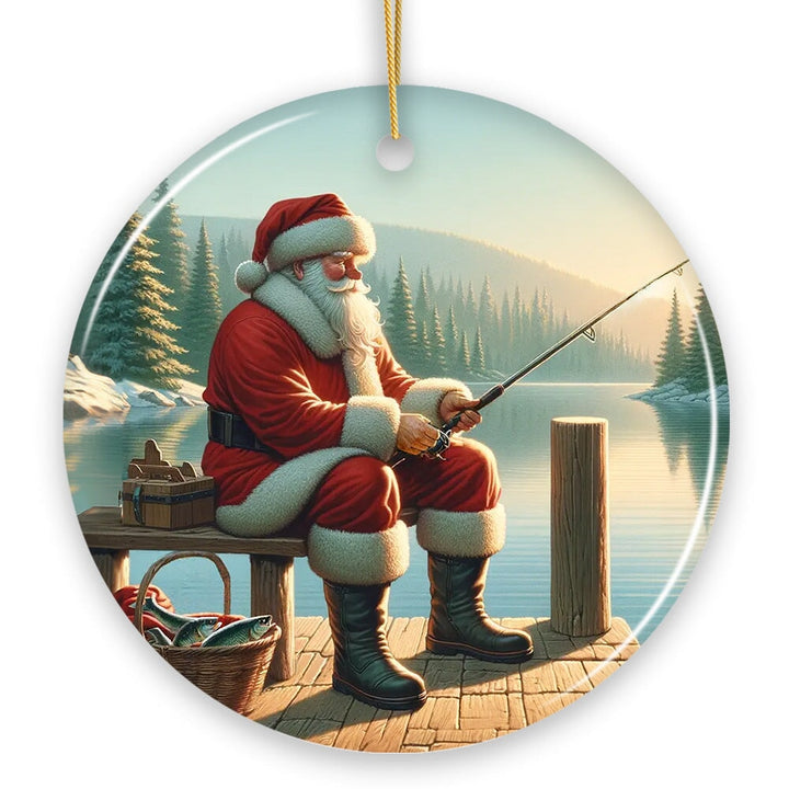 Peaceful Fishing Session with Santa Claus Christmas Ornament, Gift for Anglers Ceramic Ornament OrnamentallyYou 