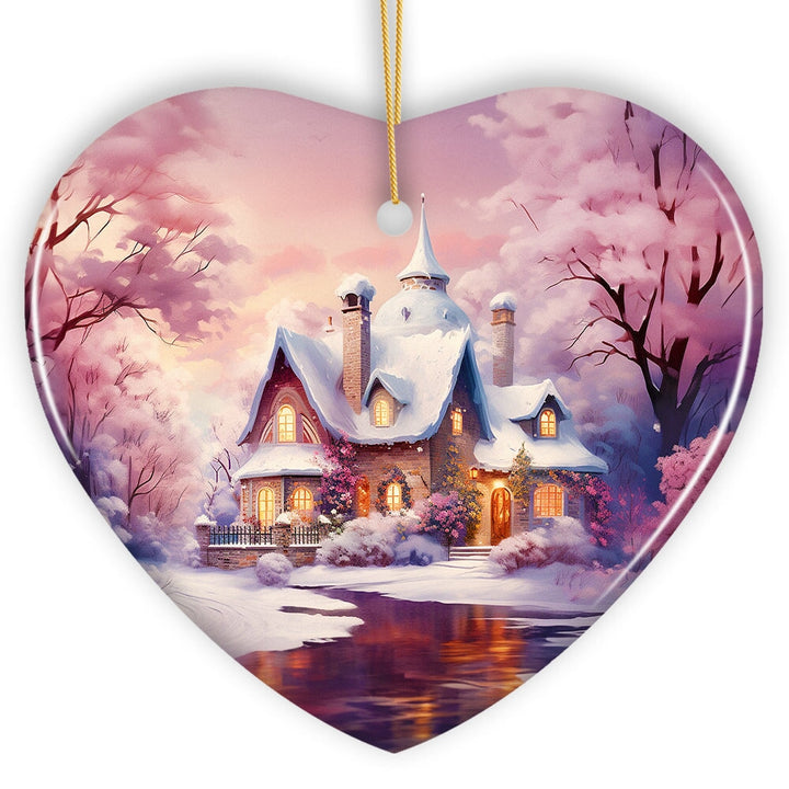 Picturesque Snowy Evening House Illustration Christmas Ornament, Peaceful Holiday Home Decoration Ceramic Ornament OrnamentallyYou 