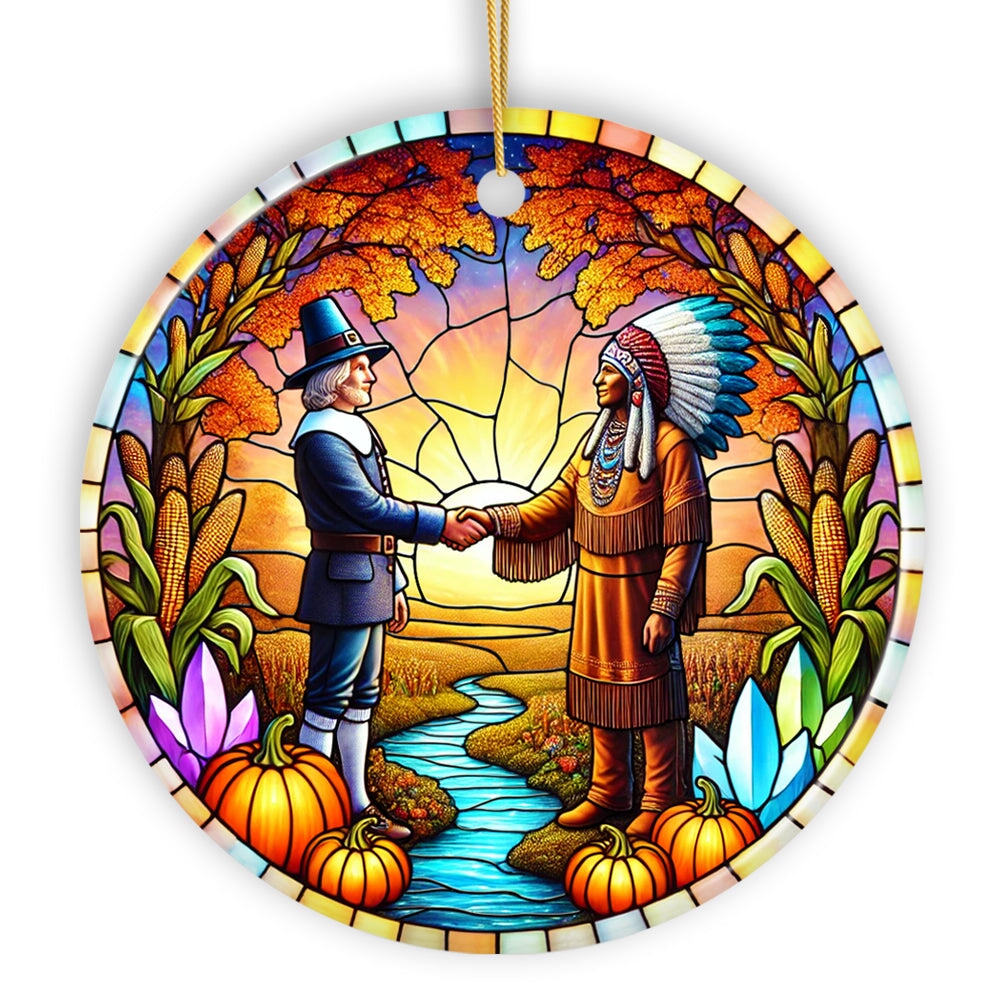 Pilgrim and Native American Chief Harmonious Unity Ornament, Vibrant Harvest Celebration Keepsake Ceramic Ornament OrnamentallyYou 