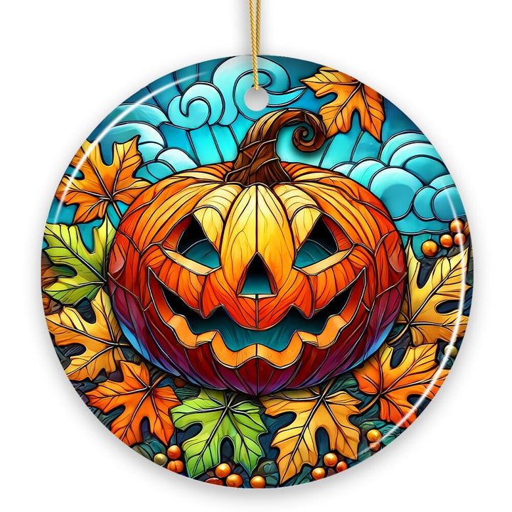 Pumpkin Spice and Crispy Leaves Stained Glass Style Ceramic Ornament, Halloween Themed Christmas Gift and Decor Ceramic Ornament OrnamentallyYou 