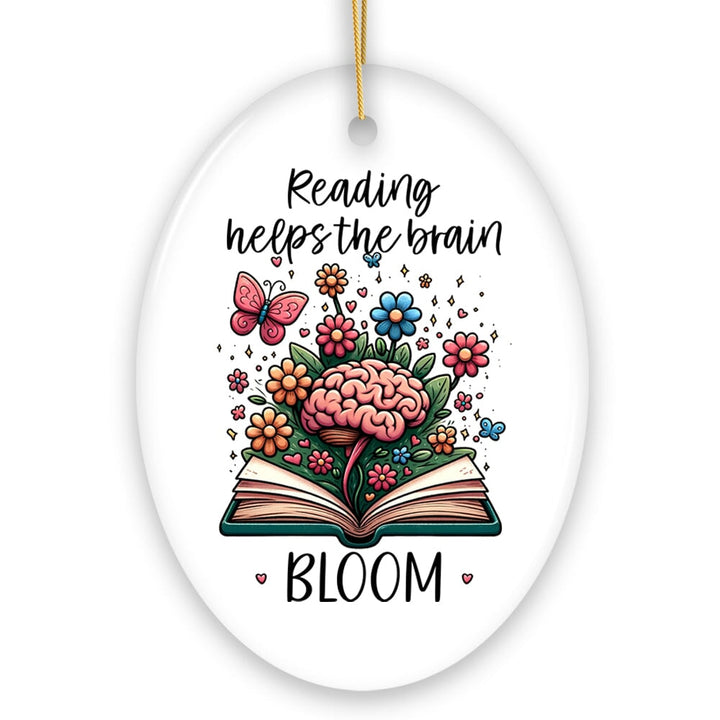 Reading Helps the Brain Bloom Unique Handcrafted Ornament, Booklover Gift with Flowers and Butterflies Art Ceramic Ornament OrnamentallyYou 