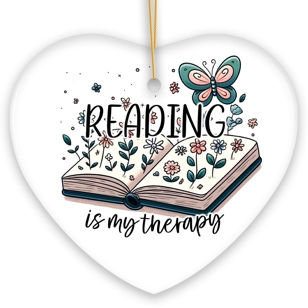 Reading is my Therapy Whimsical Ceramic Ornament, Book Lovers Christmas Gift Ceramic Ornament OrnamentallyYou 