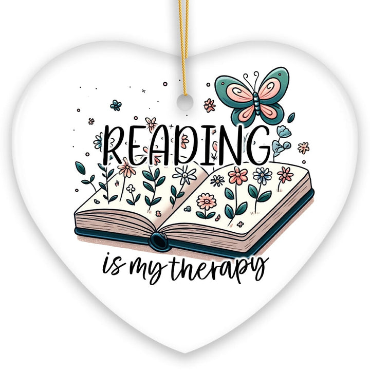 Reading is my Therapy Whimsical Ceramic Ornament, Book Lovers Christmas Gift Ceramic Ornament OrnamentallyYou 