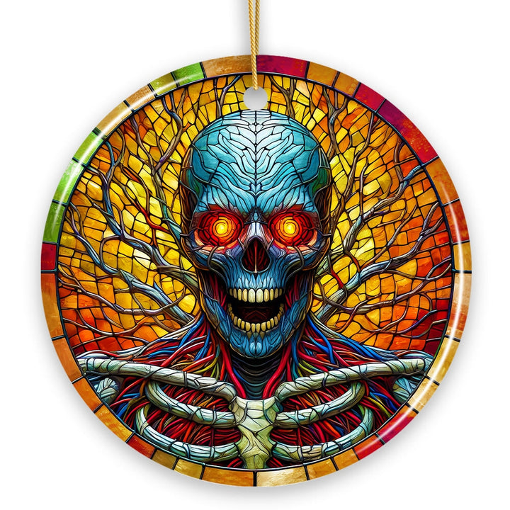Red-Eyed Skeleton for Halloween Frights Stained Glass Style Ceramic Ornament, Halloween Themed Christmas Gift Ceramic Ornament OrnamentallyYou 