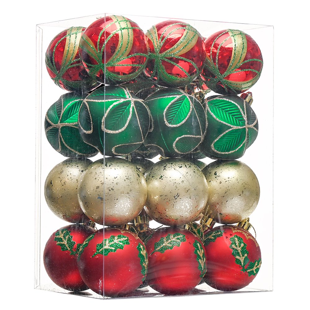Refined Ornament Bauble Set, 24 Piece Red, Gold, and Green Glitter Christmas Bundle Ornament Bundle OrnamentallyYou 