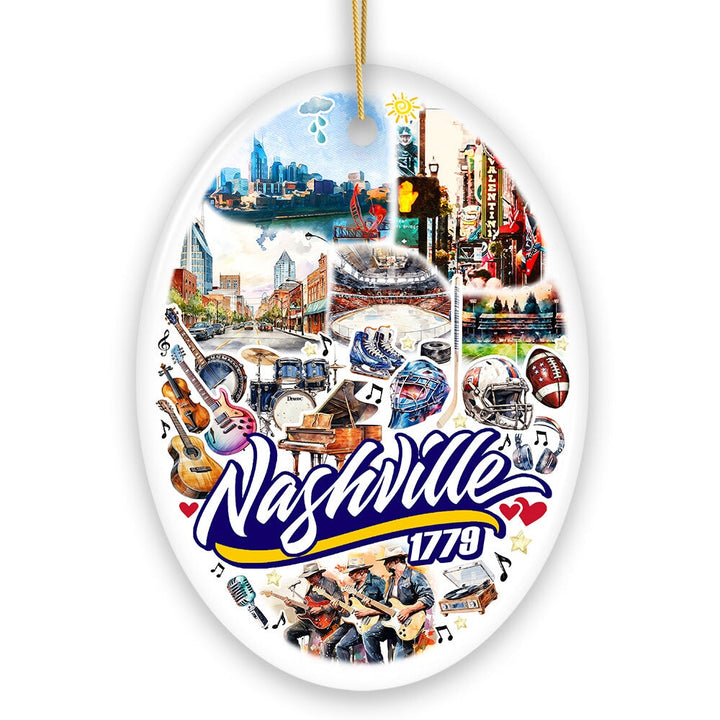 Rockin Nashville City Ceramic Art Ornament, Vintage Tennessee Souvenir and Christmas Decor Ceramic Ornament OrnamentallyYou Oval 
