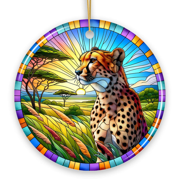 Speed Kings African Cheetah Stained Glass Style Ceramic Ornament, Safari Animals Christmas Gift and Decor Ceramic Ornament OrnamentallyYou 