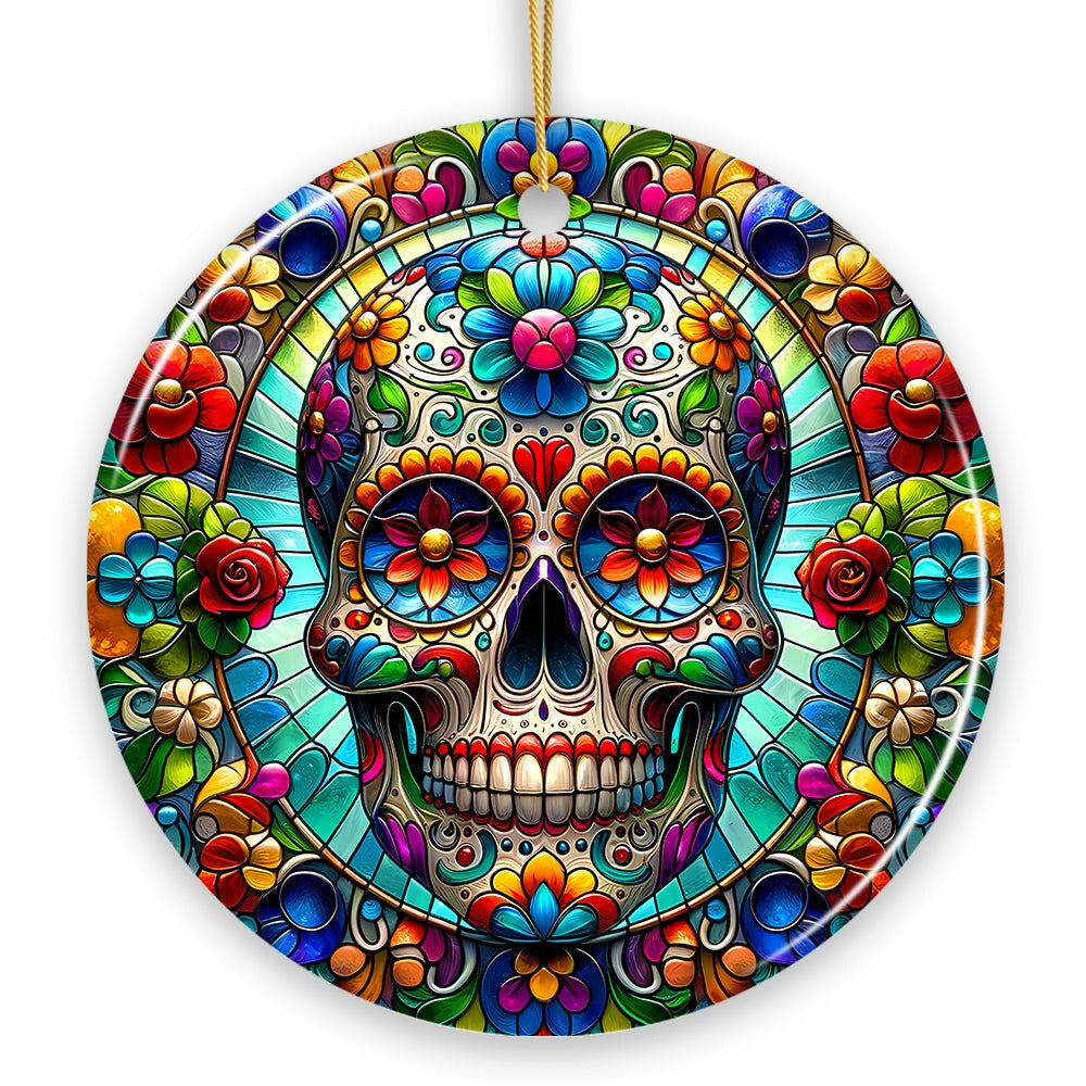 Sugar Skull Stained Glass Themed Ceramic Ornament, Day of the Dead Mexican Christmas Gift Ceramic Ornament OrnamentallyYou 