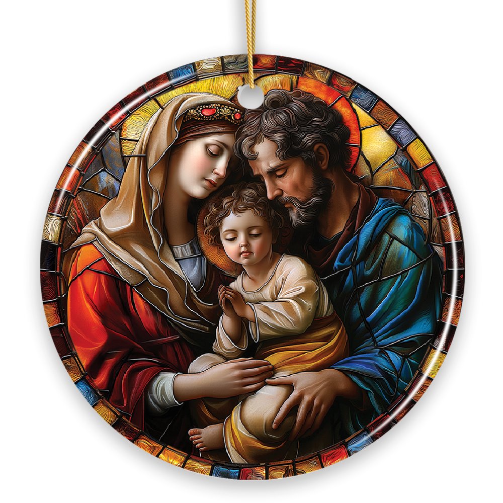 The Holy Embrace Stained Glass Themed Ceramic Ornament, Birth of Jesus Nativity Scene with Joseph and Mary Ceramic Ornament OrnamentallyYou 