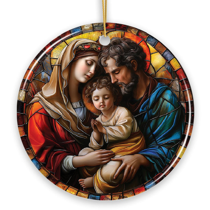 The Holy Embrace Stained Glass Themed Ceramic Ornament, Birth of Jesus Nativity Scene with Joseph and Mary Ceramic Ornament OrnamentallyYou 