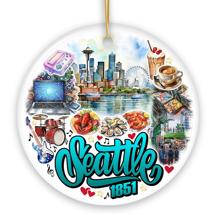 Unique Seattle Watercolor Ceramic Ornament, Washington State Souvenir and Christmas Decor Ceramic Ornament OrnamentallyYou Circle 