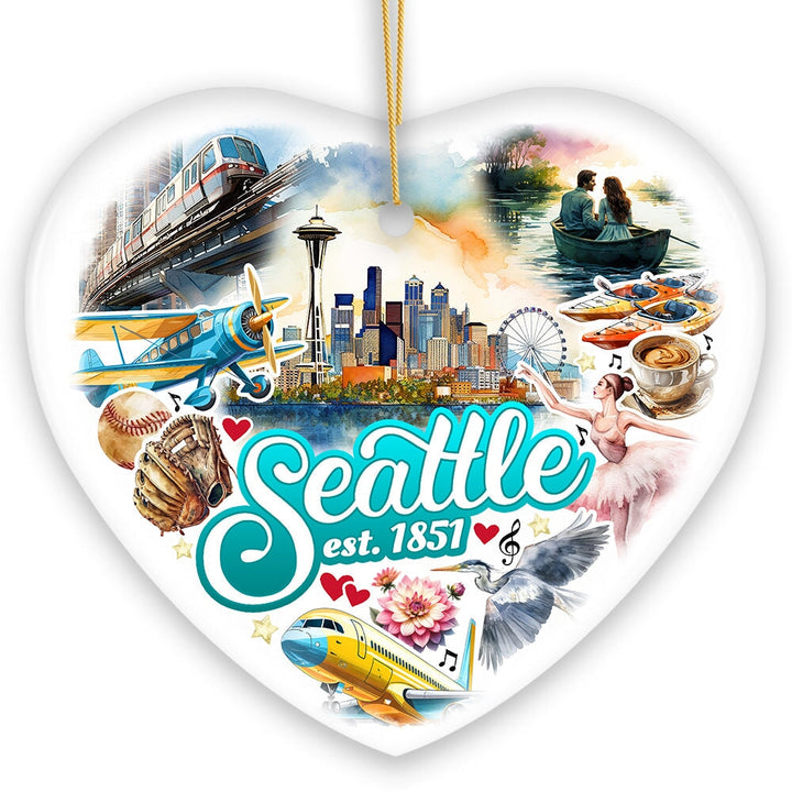 Unique Seattle Watercolor Ceramic Ornament, Washington State Souvenir and Christmas Decor Ceramic Ornament OrnamentallyYou 