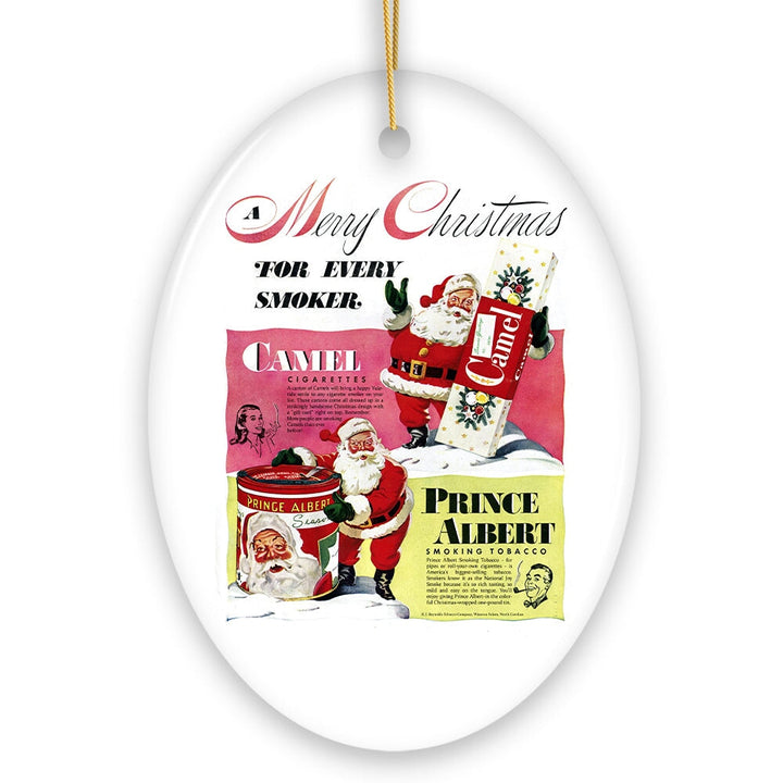 Vintage Christmas Smoking Advertisement Ceramic Ornament, 1940s Camel Cigarette Retro Collectible Ceramic Ornament OrnamentallyYou Oval 