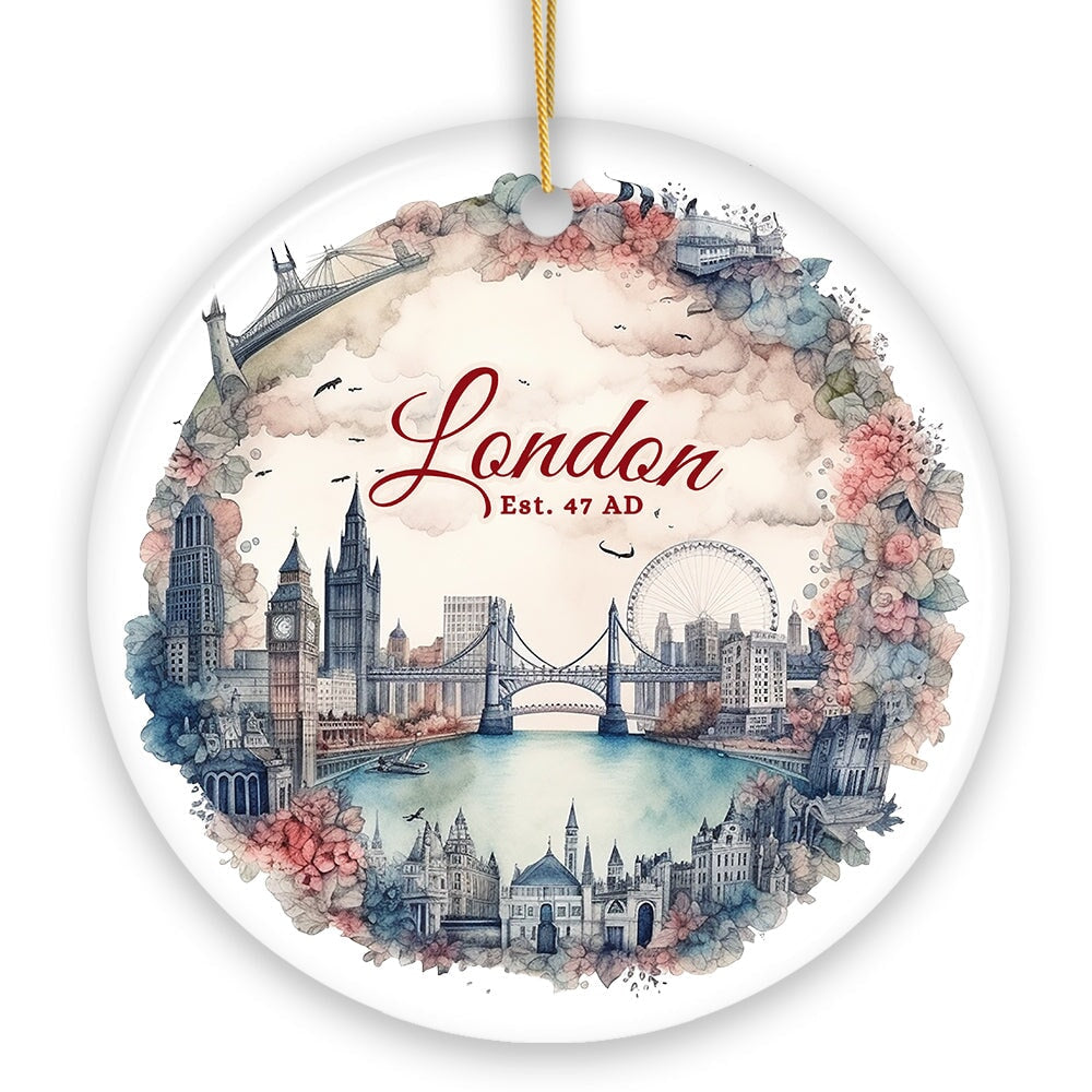 Vintage London Watercolor Style Painting Ceramic Ornament, Floral Victorian Style European Gift Ceramic Ornament OrnamentallyYou 