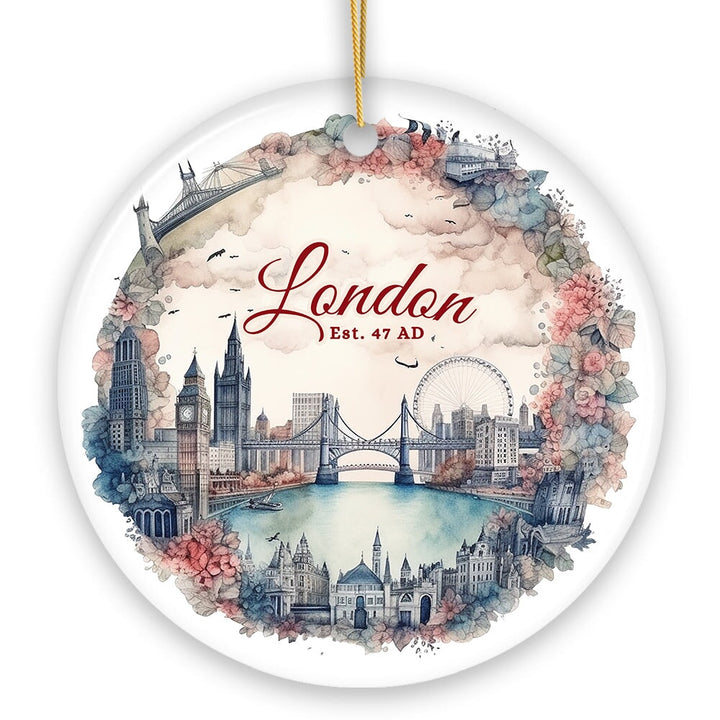 Vintage London Watercolor Style Painting Ceramic Ornament, Floral Victorian Style European Gift Ceramic Ornament OrnamentallyYou 