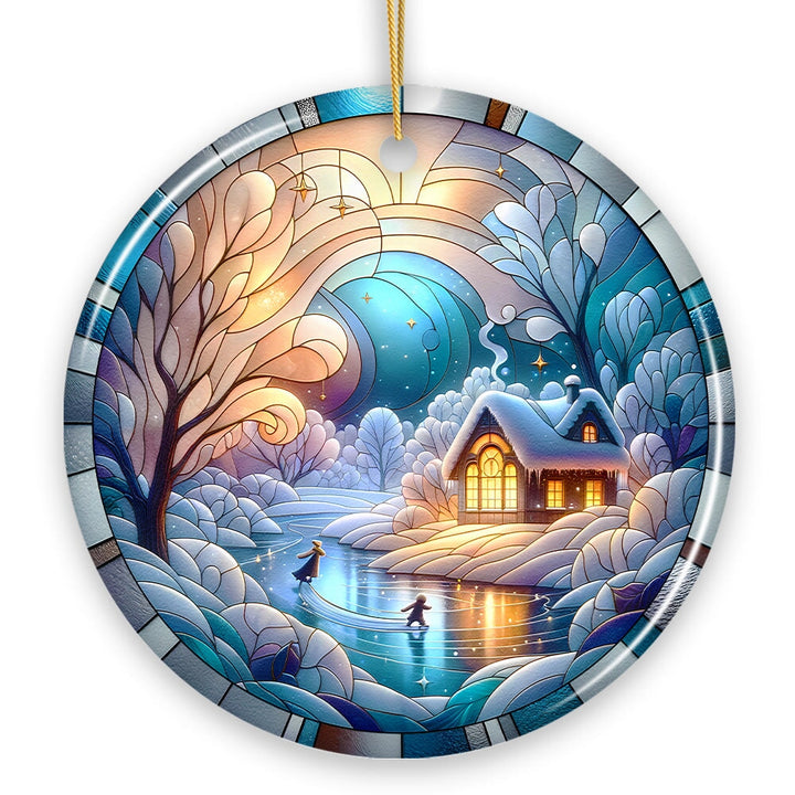 Magical Winter Lake Cabin Ceramic Christmas Ornament, Stained Glass Theme Tree Decor Ceramic Ornament OrnamentallyYou 