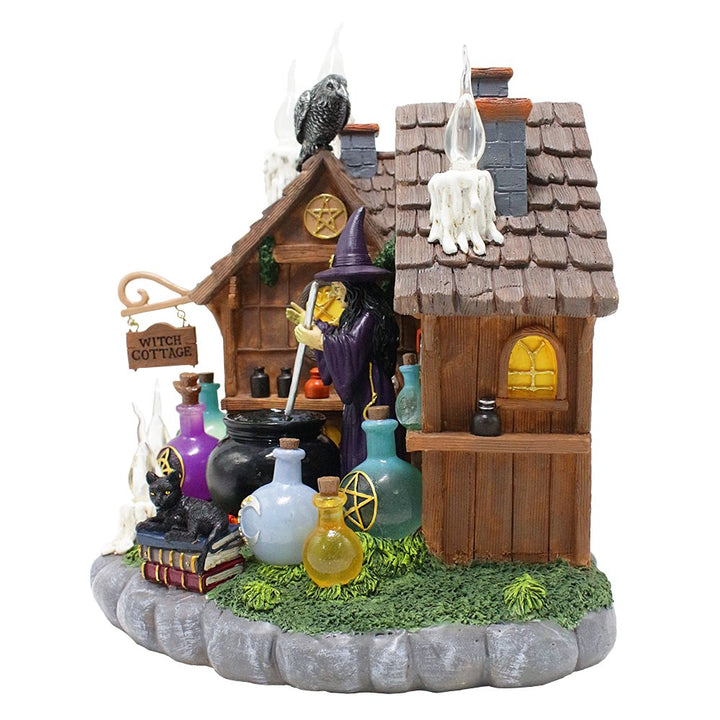 Enchanted Witch Cottage Lighted Figurine, 10" LED Halloween Decor Statue with Cauldrons and Ravens Resin Statues OrnamentallyYou 