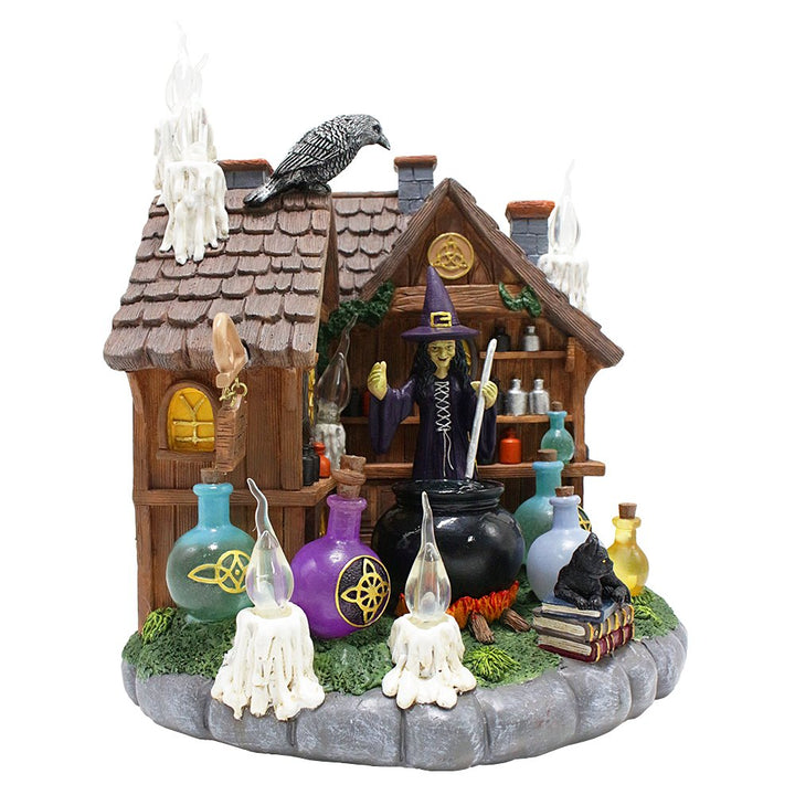 Enchanted Witch Cottage Lighted Figurine, 10" LED Halloween Decor Statue with Cauldrons and Ravens Resin Statues OrnamentallyYou 