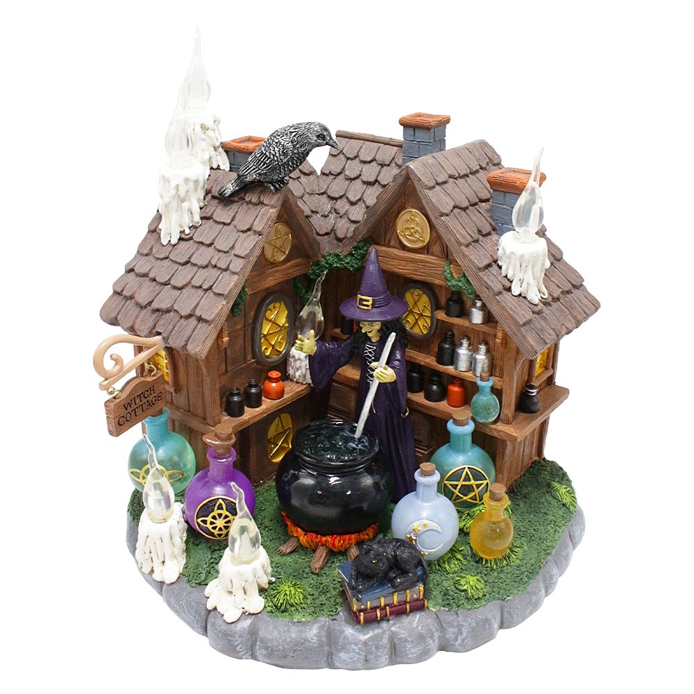 Enchanted Witch Cottage Lighted Figurine, 10" LED Halloween Decor Statue with Cauldrons and Ravens Resin Statues OrnamentallyYou 