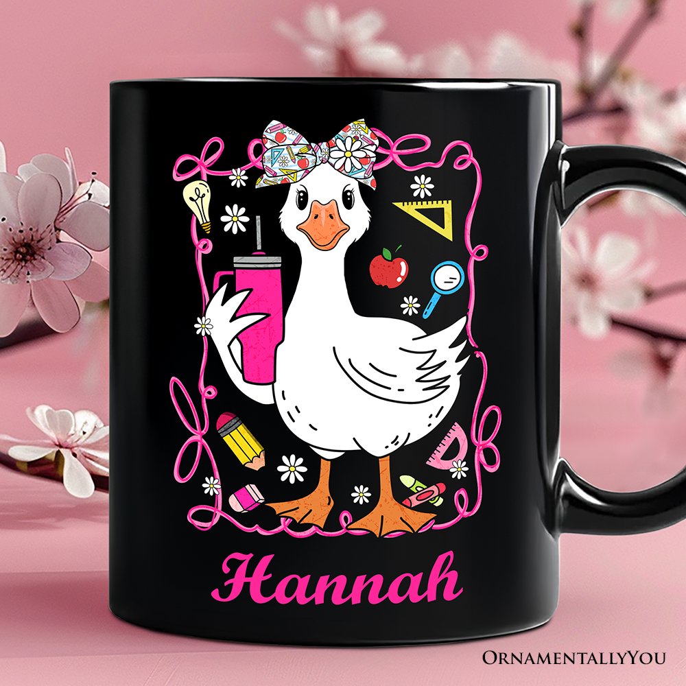 Coquette Teacher Goose Personalized Mug, Funny Gift with Custom Name Personalized Ceramic Mug OrnamentallyYou Black Customized 