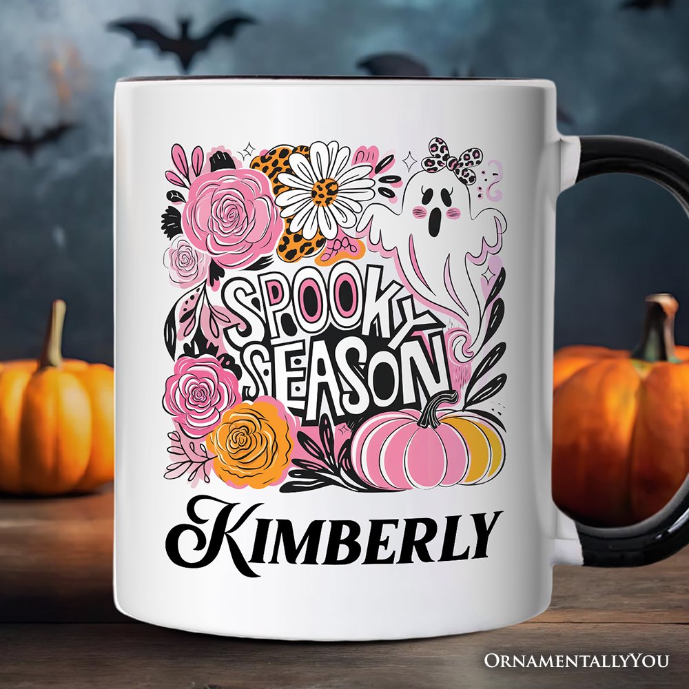 Boho Spooky Season Ghost Personalized Mug, Cute Halloween Gift with Custom Name with Fall Pumpkins Personalized Ceramic Mug OrnamentallyYou White - Black Customized 