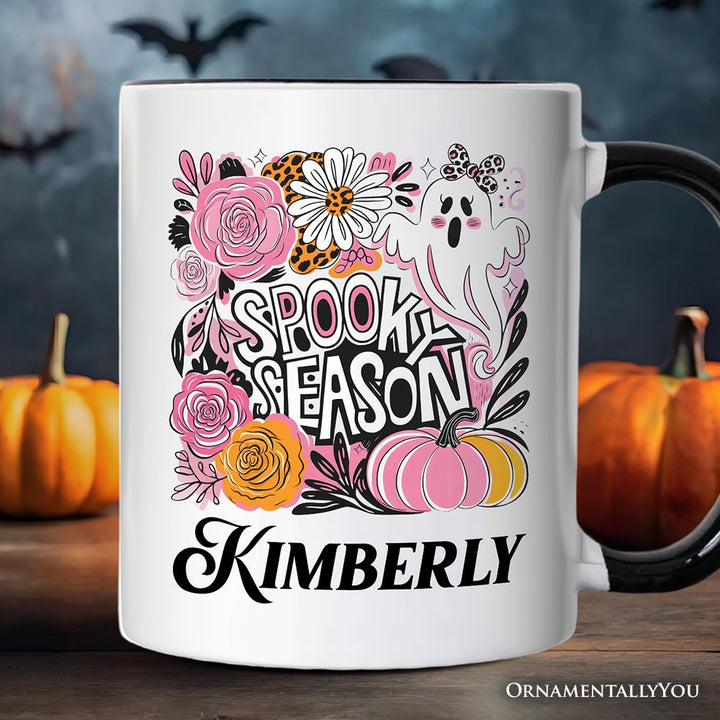 Boho Spooky Season Ghost Personalized Mug, Cute Halloween Gift with Custom Name with Fall Pumpkins Personalized Ceramic Mug OrnamentallyYou White - Black Customized 