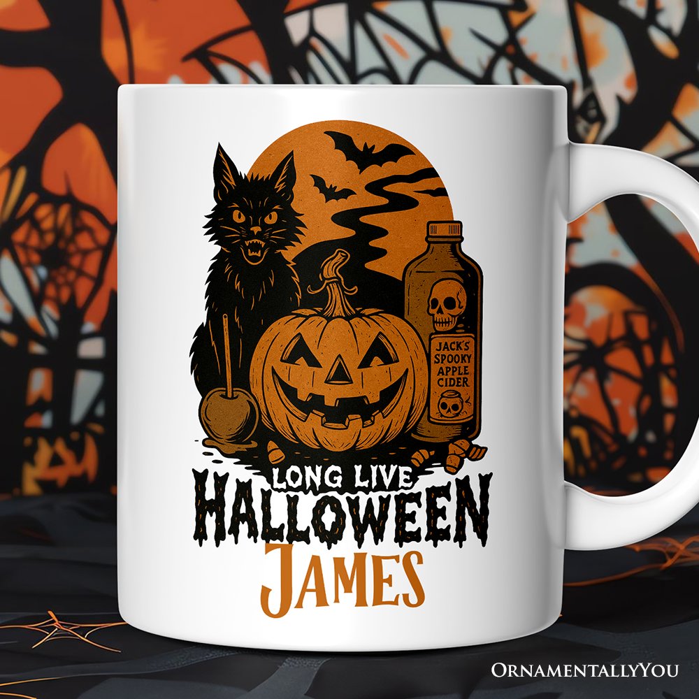 Long Live Halloween Personalized Mug, Retro Black Cat Pumpkin Gift with Custom Name Personalized Ceramic Mug OrnamentallyYou White Customized 