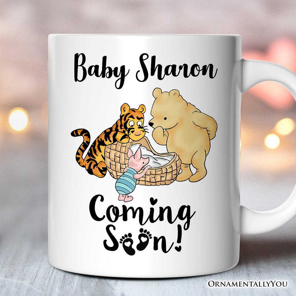 Pregnancy Announcement With Pooh & Tiger Personalized Mug, Coming Soon Gift for Expecting Moms with Custom Name Personalized Ceramic Mug OrnamentallyYou White Customized 