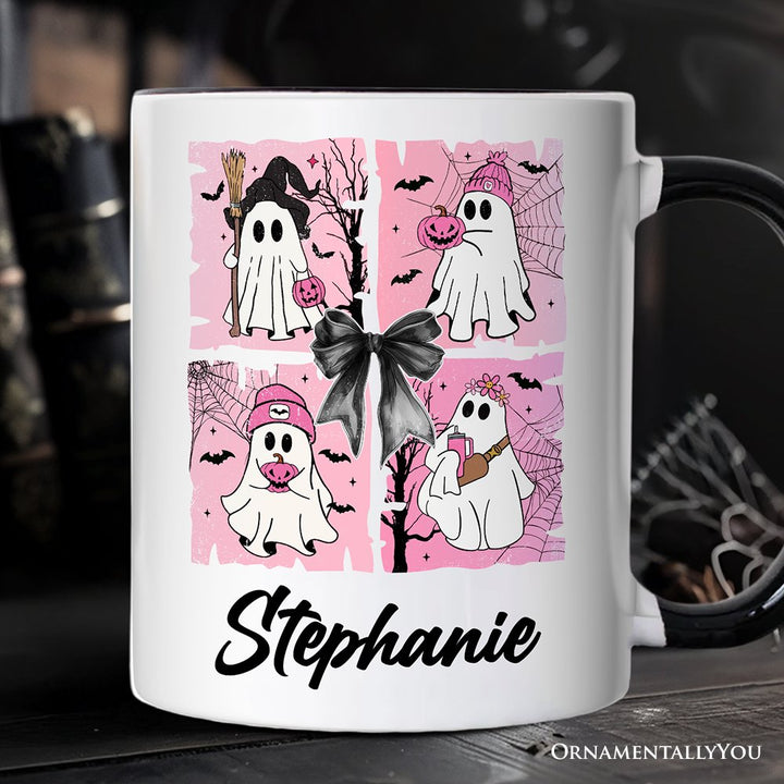 Pink Halloween Ghost Personalized Mug, Coquette Spooky Season Gift with Custom Name for Girly Aesthetic Personalized Ceramic Mug OrnamentallyYou White - Black Customized 