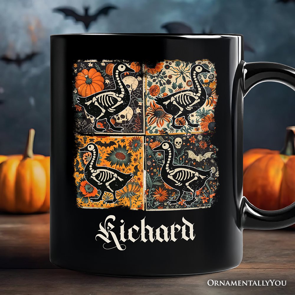 Skeleton Goose Patchwork Personalized Mug, Floral Halloween Gift with Custom Name Personalized Ceramic Mug OrnamentallyYou Black Customized 