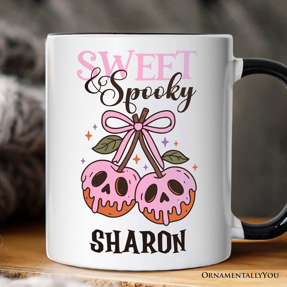Sweet and Spooky Poison Cherries Halloween Personalized Mug, Coquette Skulls Gift with Custom Name Personalized Ceramic Mug OrnamentallyYou White - Black Customized 