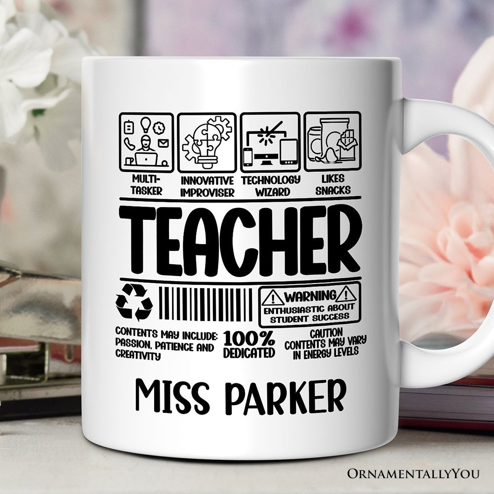 Teacher Label Personalized Mug, Funny Barcode for Dedicated Educators Gift with Custom Name Personalized Ceramic Mug OrnamentallyYou White Customized 